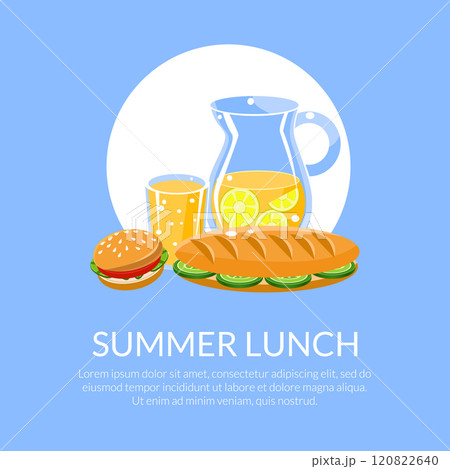 Summer Lunch Banner Template with Place for Text, Lemonade Jug, Sandwich and Burger Vector Illustration Summer Lunch Banner Template with Place for Text, Lemonade Jug, Sandwich and Burger Vector Illustration 120822640