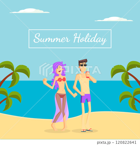 Summer Holiday Banner Template, Happy Young Couple Walking on Tropical Beach Vector Illustration 120822641