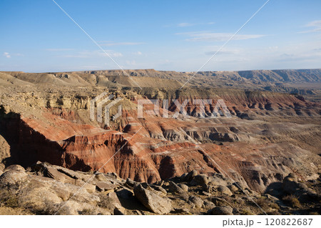 Monument rock view, Mangystau region landscape, Kokesem area, Kazakhstan. Monument rock view, Mangystau region landscape, Kokesem area, Kazakhstan. 120822687