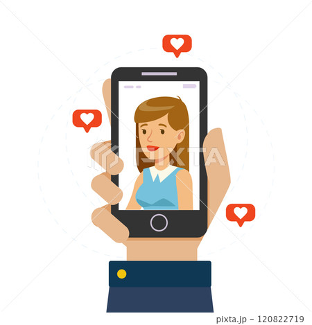 Beautiful Girl on Display of Smartphone, Male Hand Holding Mobile Phone with Girlfriend on Screen, Online Dating, Distance Relationship Vector Illustration 120822719