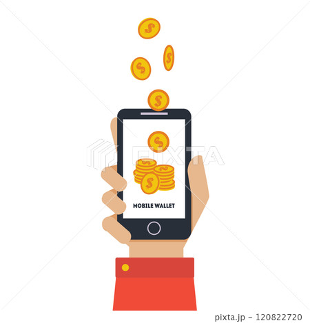 Digital Mobile Wallet, Hand Holding Smartphone, Wireless Money Transfer, People Sending and Receiving Money with Mobile Phone Vector Illustration 120822720