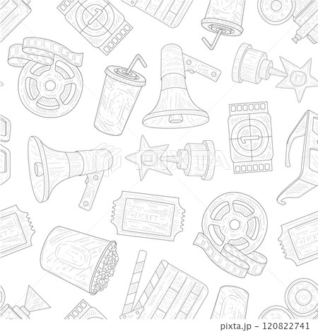 Cinema Seamless Pattern, Movie Production Symbols Hand Drawn Vector Illustration Cinema Seamless Pattern, Movie Production Symbols Hand Drawn Vector Illustration 120822741