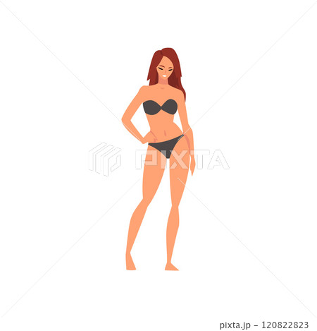 Beautiful Smiling Girl in Black Bikini, Young Woman Wearing Bathing Suit, Summer Fashion Vector Illustration 120822823