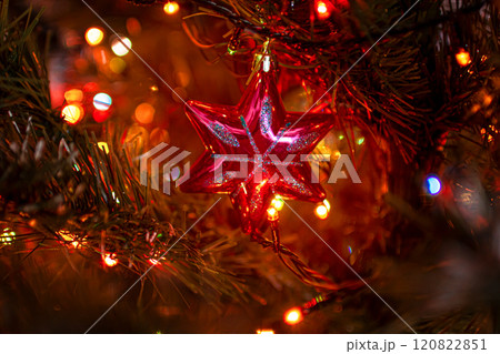 Beautiful festive decorations on the Christmas tree. New Year 2025 Beautiful festive decorations on the Christmas tree. New Year 2025 120822851