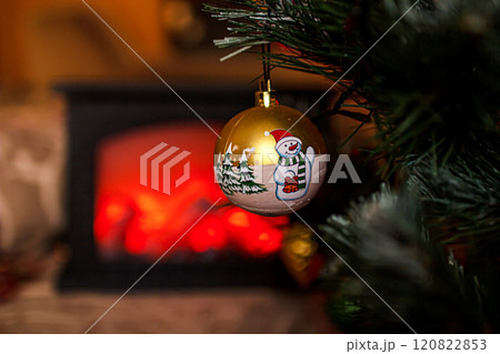 Beautiful festive decorations on the Christmas tree. New Year 2025 Beautiful festive decorations on the Christmas tree. New Year 2025 120822853