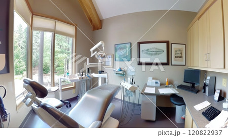 A minimalist dental office featuring a central dental chair, overhead LED light, and wall-mounted storage units. The space is designed with neutral tones and subtle green accents, creating a modern 120822937