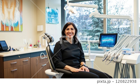 A friendly female dentist in a black scrub sitting in a modern dental office, with a well-equipped treatment chair and digital X-ray display. The window offers a view of the outdoors, creating a calm, 120822938