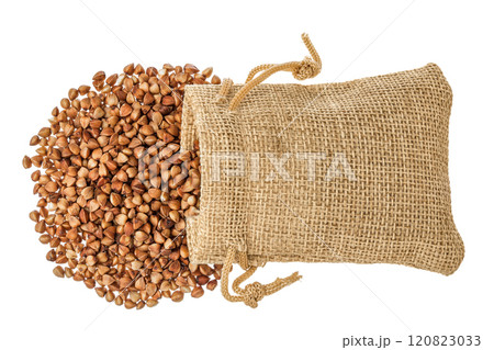 Raw buckwheat in a bag isolated on white background. Top view. Flat lay Raw buckwheat in a bag isolated on white background. Top view. Flat lay 120823033