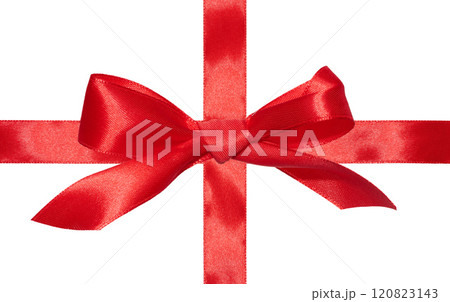 Red silk ribbon and a tied  bow on an isolated background, top view. Gift packaging 120823143