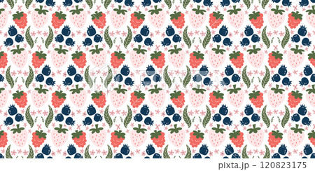 Cute and colorful seamless pattern with strawberries, blueberries, and pink flowers, perfect for summery designs. Cute and colorful seamless pattern with strawberries, blueberries, and pink flowers, perfect for summery designs. 120823175
