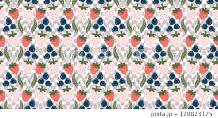 Cute and colorful seamless pattern with strawberries, blueberries, and pink flowers, perfect for summery designs. Cute and colorful seamless pattern with strawberries, blueberries, and pink flowers, perfect for summery designs. 120823175