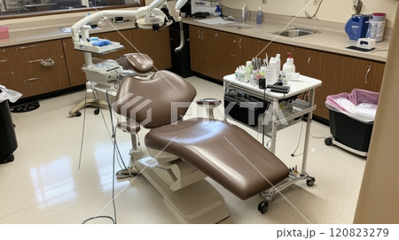 Sterile dental treatment room featuring a reclining dental chair with overhead LED lighting, a mobile instrument cart, and a sink with neatly arranged hygiene products. The polished floor and clean 120823279
