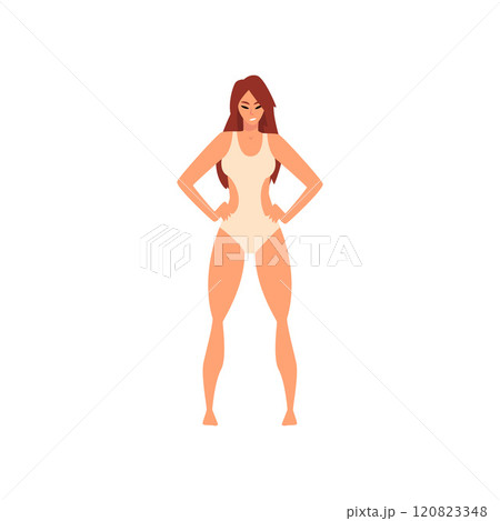 Beautiful Smiling Girl in White Swimsuit, Young Woman Wearing Bathing Suit Standing with Hands on Her Waist Vector Illustration 120823348