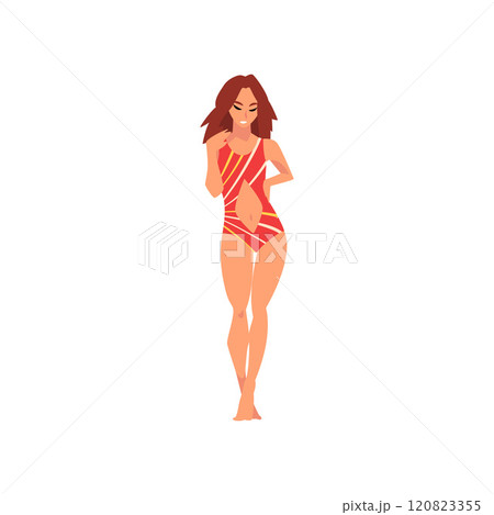 Beautiful Smiling Girl in Red Swimsuit, Young Woman with Long Hair Wearing Bathing Suit, Summer Fashion Vector Illustration 120823355