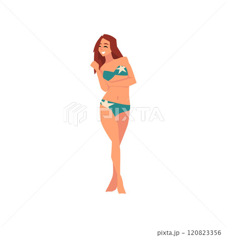 Smiling Girl in Swimsuit, Beautiful Young Woman Wearing Color Bathing Suit Enjoying Summer Vacation Vector Illustration Smiling Girl in Swimsuit, Beautiful Young Woman Wearing Color Bathing Suit Enjoying Summer Vacation Vector Illustration 120823356