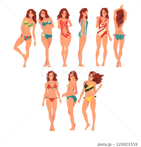 Smiling Girl in Different Swimsuits Set, Beautiful Young Woman Wearing Color Bathing Suits, Summer Fashion Vector Illustration 120823359