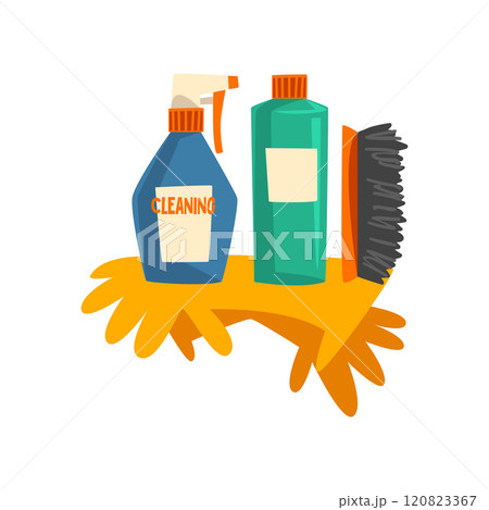 Household Cleaning Products, Bottles of Detergent and Rubber Gloves Vector Illustration Household Cleaning Products, Bottles of Detergent and Rubber Gloves Vector Illustration 120823367