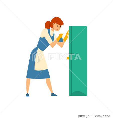 Cleaning Woman Wiping Dust from Cabinet with Sprayer, Maid Character Wearing Uniform with Blue Dress and White Apron, Cleaning Service Vector Illustration Cleaning Woman Wiping Dust from Cabinet with Sprayer, Maid Character Wearing Uniform with Blue Dress and White Apron, Cleaning Service Vector Illustration 120823368