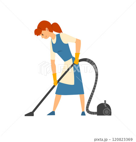 Cleaning Woman Vacuuming Floor, Maid Character Wearing Uniform with Blue Dress and White Apron, Cleaning Service Vector Illustration 120823369