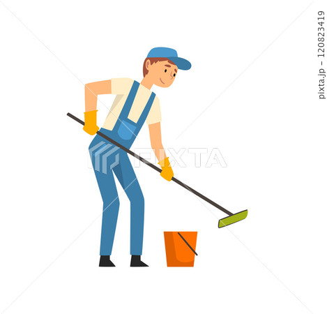 Cleaning Man with Bucket and Mop Washing Floor, Male Worker Character Dressed in Uniform and Rubber Gloves, Cleaning Service Vector Illustration 120823419