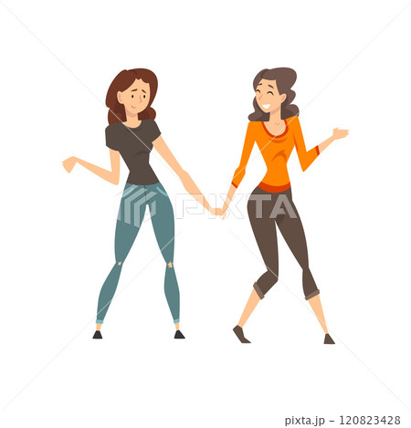 Beautiful Girls Holding Hands, Joyful Friends Having Fun Together, Female Friendship Concept Vector Illustration Beautiful Girls Holding Hands, Joyful Friends Having Fun Together, Female Friendship Concept Vector Illustration 120823428
