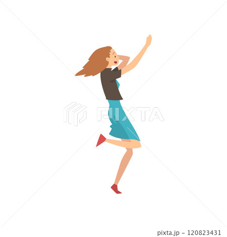 Happy Surprised Girl Wearing Casual Clothing Running Vector Illustration 120823431