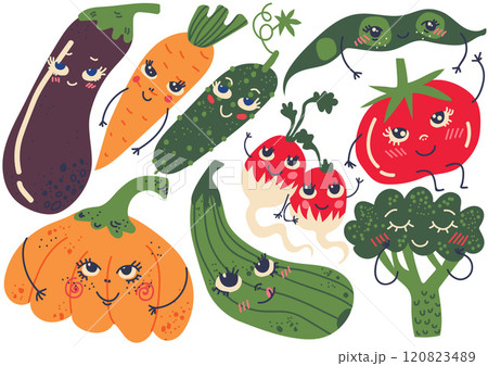 Cute Funny Vegetables with Smiling Faces Set, Eggplant, Carrot, Pumpkin, Radish, Bean Pod, Cucumber, Tomato, Broccoli Cartoon Characters Vector Illustration Cute Funny Vegetables with Smiling Faces Set, Eggplant, Carrot, Pumpkin, Radish, Bean Pod, Cucumber, Tomato, Broccoli Cartoon Characters Vector Illustration 120823489