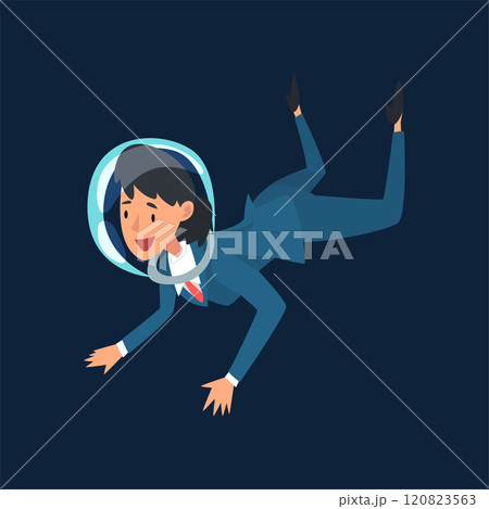 Smiling Businesswoman in Suit and Astronaut Helmet Flying in Outer Space, Business Development Strategy, Leadership Vector Illustration 120823563