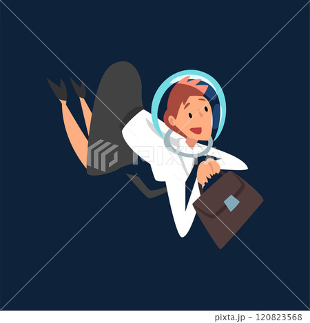 Businesswoman in Astronaut Helmet Flying in Outer Space, Business Development Strategy, Leadership Vector Illustration Businesswoman in Astronaut Helmet Flying in Outer Space, Business Development Strategy, Leadership Vector Illustration 120823568