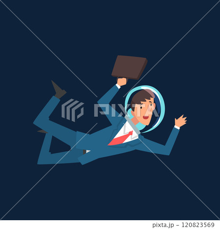 Businessman in Suit and Astronaut Helmet Flying in Outer Space, Business Development Strategy, Leadership Vector Illustration 120823569