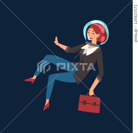 Smiling Businesswoman in Astronaut Helmet Flying in Outer Space with Briefcase Vector Illustration Smiling Businesswoman in Astronaut Helmet Flying in Outer Space with Briefcase Vector Illustration 120823571