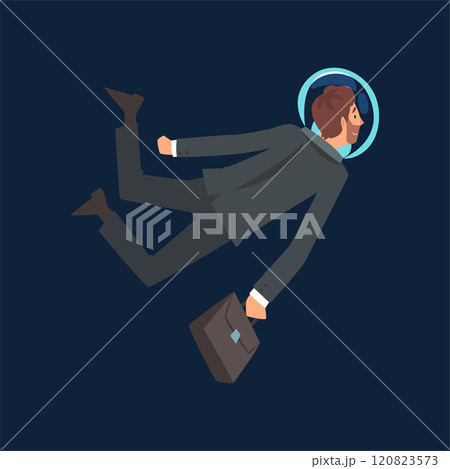 Businessman in Black Suit and Astronaut Helmet Flying in Outer Space with Briefcase, Business Development Strategy, Leadership Vector Illustration Businessman in Black Suit and Astronaut Helmet Flying in Outer Space with Briefcase, Business Development Strategy, Leadership Vector Illustration 120823573