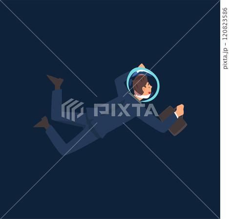 Successful Businessman in Suit and Astronaut Helmet Flying in Outer Space with Briefcase Vector Illustration 120823586