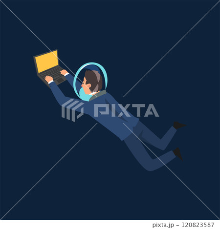 Successful Businessman in Suit and Astronaut Helmet Flying in Outer Space or Internet Space with Laptop Computer, Business Development Strategy, Leadership Vector Illustration Successful Businessman in Suit and Astronaut Helmet Flying in Outer Space or Internet Space with Laptop Computer, Business Development Strategy, Leadership Vector Illustration 120823587