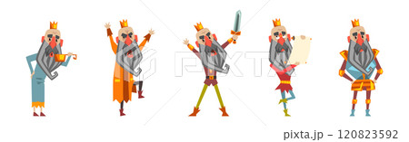 Funny Bearded King Character Emperor in Golden Crown Vector Set 120823592