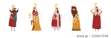 Funny Bearded King Character Emperor in Golden Crown Vector Set 120823596
