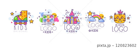 Kids Logo and Colorful Signs for Playing Space Vector Set 120823602