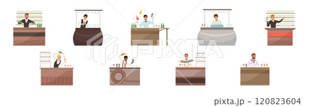 Professional Barman Making Cocktail and Alcoholic Drink Vector Set 120823604