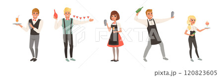Professional Barman Making Cocktail and Alcoholic Drink Vector Set 120823605