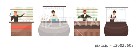 Professional Barman Making Cocktail and Alcoholic Drink Vector Set Professional Barman Making Cocktail and Alcoholic Drink Vector Set 120823608