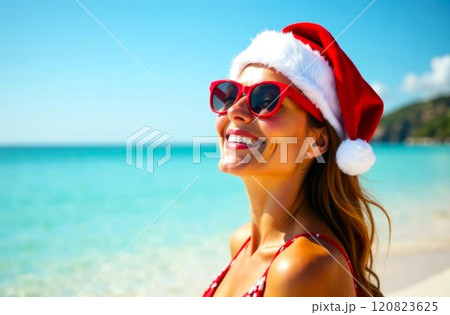 Portrait of Happy Young Woman in Santa Clause hat and red sunglasses, against the backdrop of Sea waves, sandy Beach. Christmas celebration, Vacation. Copy Space 120823625