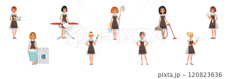 Happy Woman Housekeeper and Housewife in Apron Vector Set 120823636