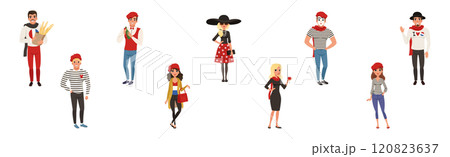 Male and Female Parisian Characters Wearing Traditional Clothes Vector Set Male and Female Parisian Characters Wearing Traditional Clothes Vector Set 120823637