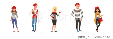 Male and Female Parisian Characters Wearing Traditional Clothes Vector Set 120823638