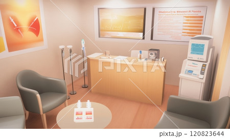 Diabetes care room featuring a consultation desk, glucose meter, and educational posters about diabetes management. The space includes a table for blood sugar testing demonstrations 120823644