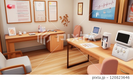 Diabetes care room featuring a consultation desk, glucose meter, and educational posters about diabetes management. The space includes a table for blood sugar testing demonstrations 120823646