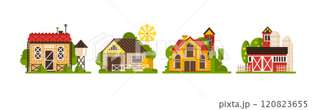 Townhouse and Rural House with Tree Flat Vector Set 120823655