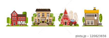 Townhouse and Rural House with Tree Flat Vector Set 120823656