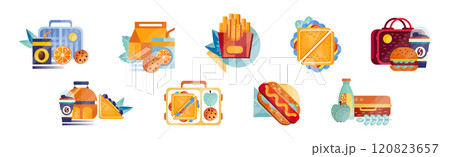 Snack and Appetizer Food and Lunch Flat Vector Set 120823657