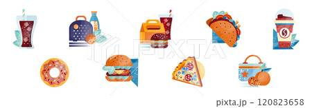 Snack and Appetizer Food and Lunch Flat Vector Set Snack and Appetizer Food and Lunch Flat Vector Set 120823658